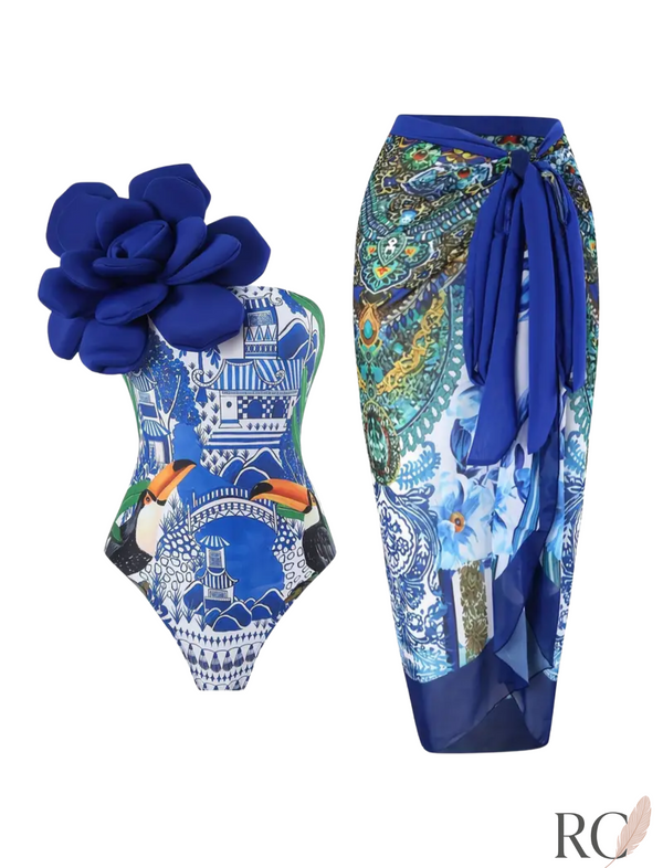 Azure Bloom – 2-Piece Set (One-Piece Swimsuit + Sarong)