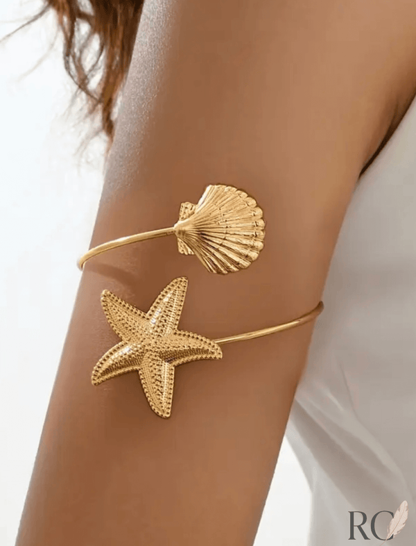 Golden Tide – Elegant Starfish & Shell Arm Cuff Bracelet