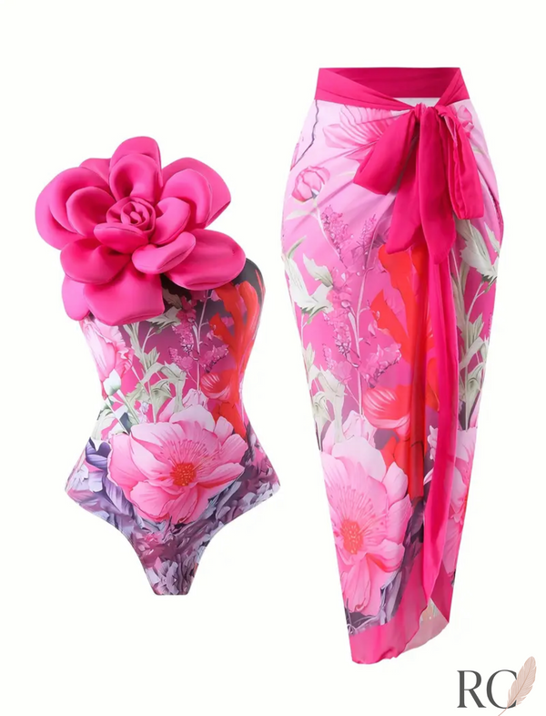 Rose Bloom – 2-Piece Set (One-Piece Swimsuit + Sarong)